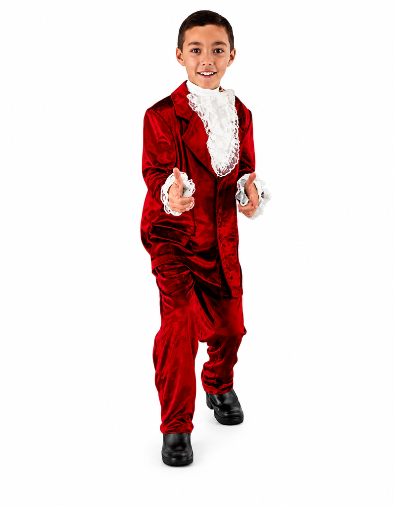 A young boy modeling a red velvet historical costume suit with a white ruffled collar and white ruffled cuffs, paired with black shoes, against a solid white background.