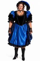 A plus-sized woman modeling a blue and black saloon girl costume with a feathered headdress, black boots, and a black top hat.