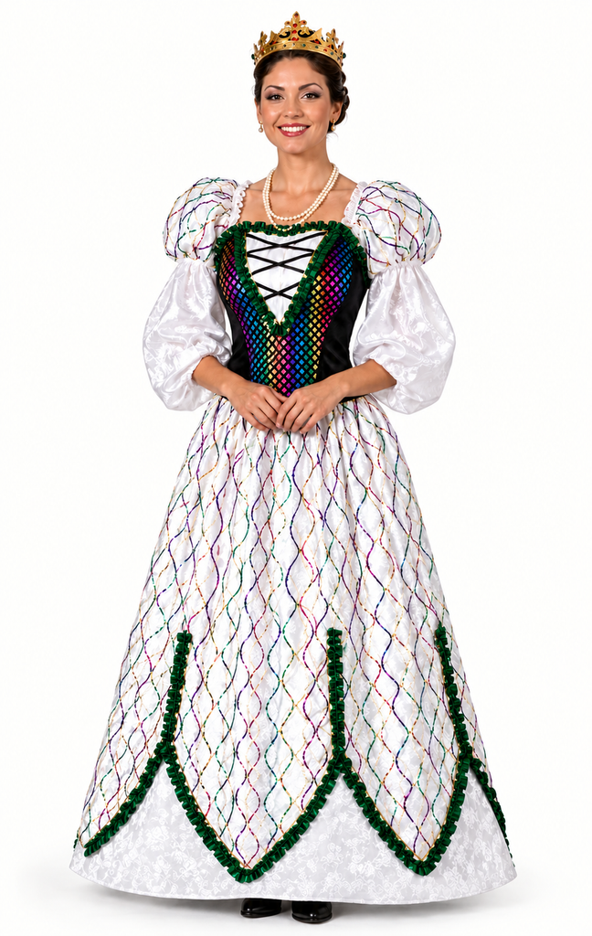 A woman modeling a white ballgown costume with a colorful beaded corset, puffed sleeves, and green trim, wearing a gold crown against a plain white background.
