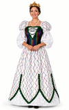 A woman modeling a white ballgown costume with a colorful beaded corset, puffed sleeves, and green trim, wearing a gold crown against a plain white background.