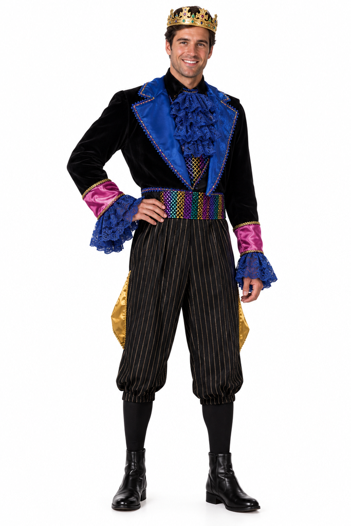 A man modeling a Mardi Gras prince costume against a plain white background. The costume features a black velvet jacket with bright blue ruffled trim, a multicolor patterned waist belt, black pinstriped pants, and a gold crown.