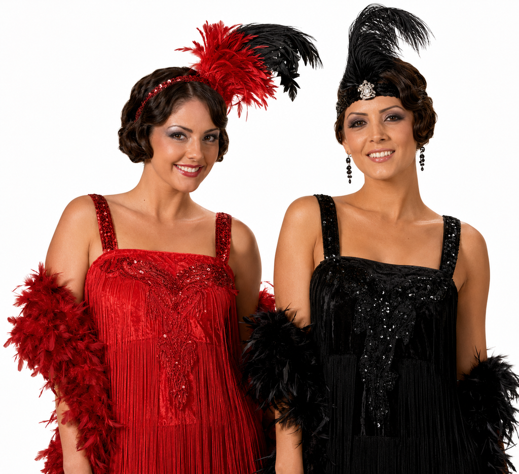 Two women modeling 1920s flapper costumes against a white background. The woman on the left wears a red sequined fringed dress with a red and black feather headband and matching feather boa.