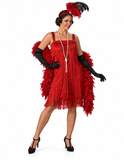 A woman modeling a red 1920s flapper costume with a fringe dress, feathered cape, black gloves, a feathered headband, and a long pearl necklace against a white background.