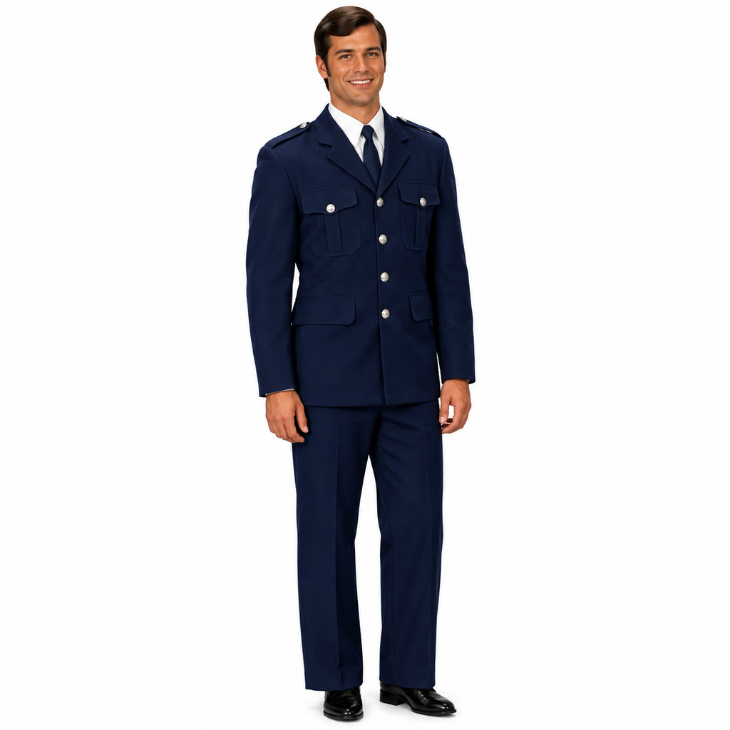A man modeling a navy blue military-style uniform jacket and matching trousers, worn over a white dress shirt and dark tie, against a plain white background.
