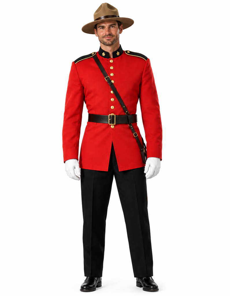 A man modeling a red and black Royal Marine style costume uniform with a tan hat, white gloves, and black pants against a plain white background.