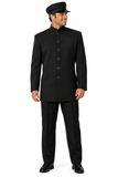 A person wearing a black chauffeur costume with front buttons and matching pants. A hat and shoes are not included.