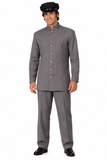 A person wearing a Grey chauffeur costume with front buttons and matching pants. A hat and shoes are not included.