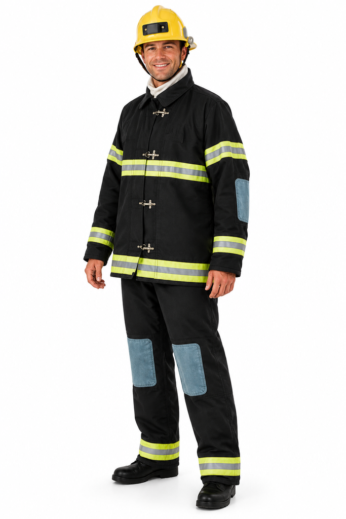 Man wearing s Deluxe Fireman Costume on a plain white background.
