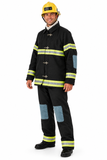 Man wearing s Deluxe Fireman Costume on a plain white background.