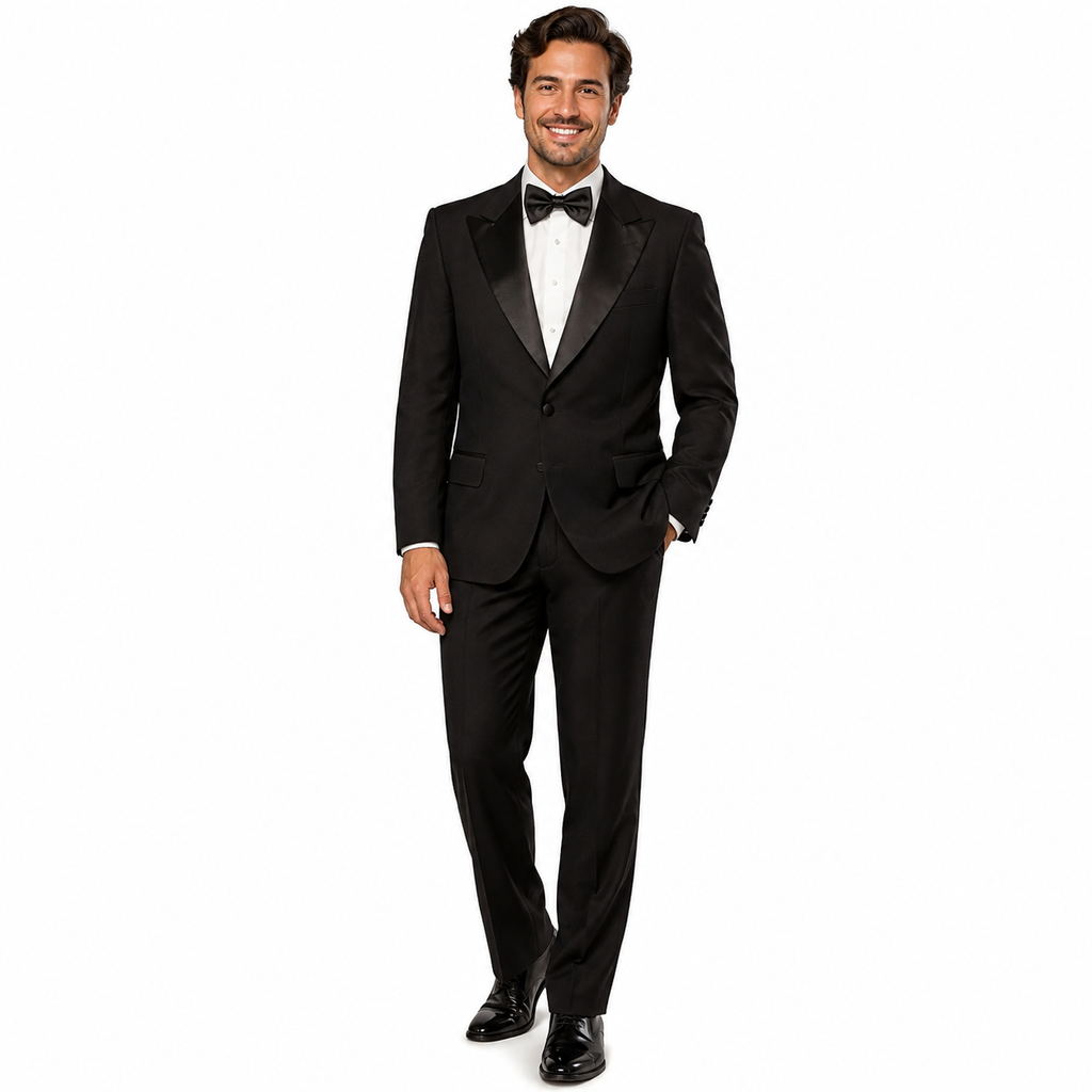 A man modeling a classic black tuxedo with satin peak lapels, a white dress shirt, a black bow tie, and black dress shoes against a plain white background.