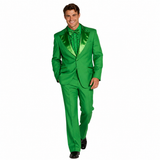 A man modeling a bright green formal suit with shiny green satin lapels, a matching green patterned tie, and green bow tie, set against a plain white background.