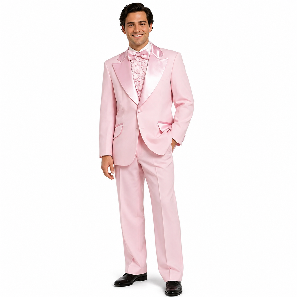 A man modeling a light pink formal tuxedo with satin peak lapels, a matching pink patterned vest, bow tie, and matching trousers, set against a plain white background.