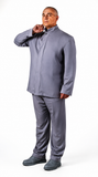 A man modeling a matching gray two-piece suit consisting of a long-sleeve mandarin-collar jacket and trousers, paired with dark gray slip-on shoes, against a plain white background.
