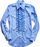 A light blue long-sleeve dress shirt with a prominent, elaborate vertical ruffle trim running down the center front, styled flat against a plain white background.