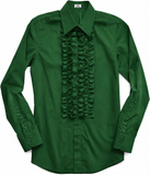 A dark green long-sleeve button-up shirt with a prominent vertical ruffle detail down the center front, displayed flat against a white background.