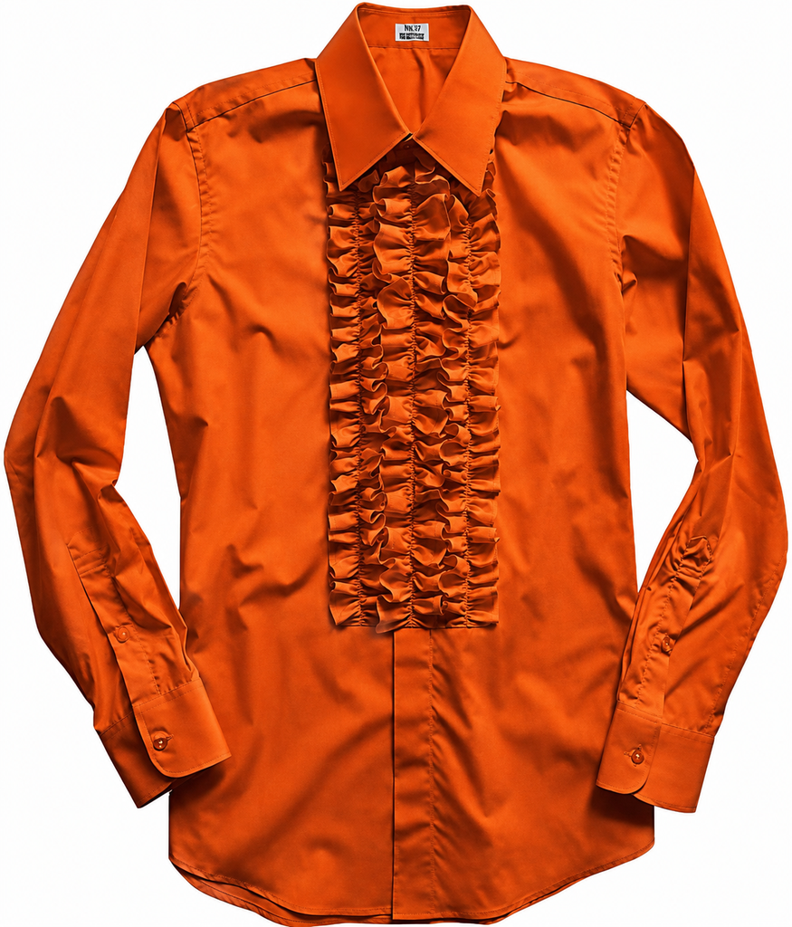 An orange long-sleeve button-down shirt with a prominent vertical ruffled pleat detail down the center front, displayed flat against a white background.