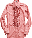 A pink long-sleeve button-up shirt with a prominent vertical ruffled pleat detail down the center front, displayed on a clean white background.