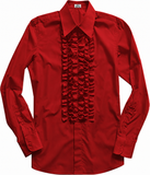A vibrant red long-sleeve button-up shirt featuring a prominent, elaborate ruffled pleated collarless bib panel down the center front.
