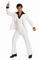 A man posing in a white three-piece suit with a jacket, vest, and pants, reminiscent of the style worn by John Travolta in the movie Saturday Night Fever.
