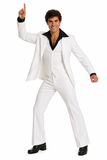 A man posing in a white three-piece suit with a jacket, vest, and pants, reminiscent of the style worn by John Travolta in the movie Saturday Night Fever.