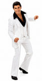 A man posing in a white three-piece suit with a jacket, vest, and pants, reminiscent of the style worn by John Travolta in the movie Saturday Night Fever.