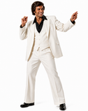 A man posing in a white three-piece suit with a jacket, vest, and pants, reminiscent of the style worn by John Travolta in the movie Saturday Night Fever.