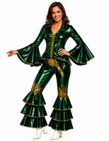 A woman modeling a shiny metallic green two-piece costume with gold trim, gold lace-up front, and dramatic tiered flared pants on a plain white background.