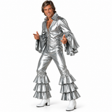 A man modeling a shiny metallic silver Elvis-style costume with flared bell sleeves, matching ruffled pants, and white cowboy boots against a plain white background.
