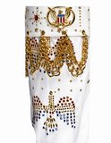 A white thigh-high stocking decorated with gold chains, gold stars, a gold eagle emblem, and red, white, and blue rhinestone embellishments on a white background.