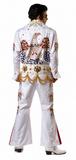A man shown from the back wearing a white Elvis Presley-style jumpsuit with extensive multicolor rhinestone embellishments, gold trim, and red side panels, photographed against a plain white background.