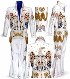 A white Elvis Presley-style jumpsuit shown from multiple angles, heavily embellished with gold, red, and blue rhinestones and star motifs, on a plain white background.