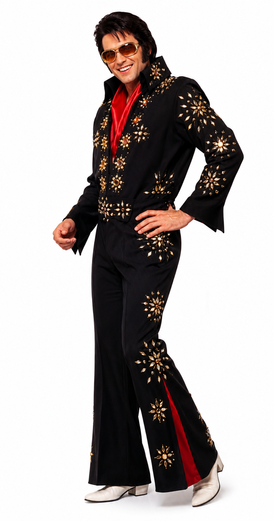 A man modeling a black Elvis Presley-style costume jumpsuit with gold embroidered starburst patterns and a red inner collar, paired with white cowboy boots and sunglasses, on a white background.