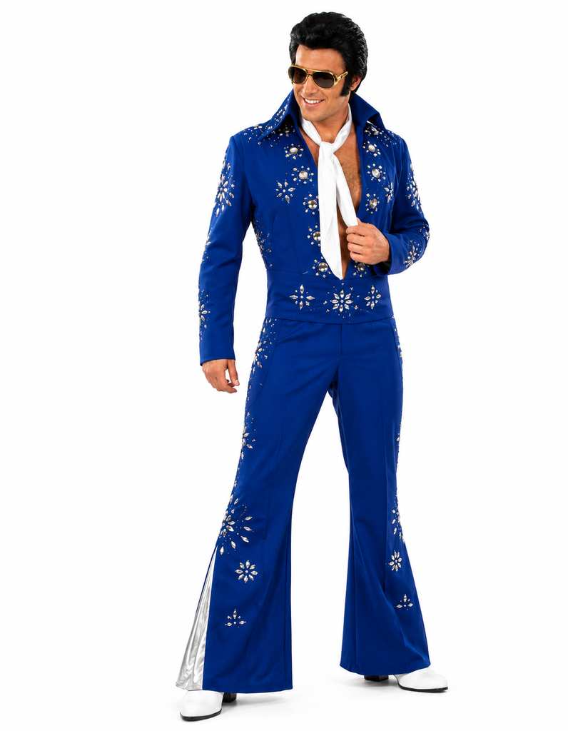 A man modeling a blue Elvis-style costume jumpsuit with white embroidered floral patterns, a white open neck tie, and white sunglasses, photographed against a plain white background.