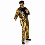 A man modeling a shiny metallic gold costume suit with black lapels, black sunglasses, and black shoes, holding a microphone against a plain white background.