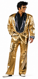 A man modeling a shiny metallic gold costume suit with a black shirt and black satin lapels, wearing gold sunglasses and white shoes, against a plain white background.