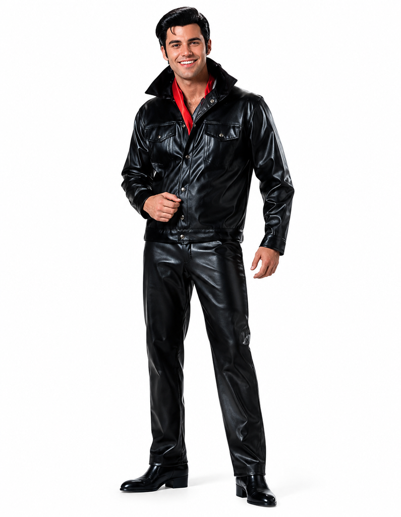 A man modeling a black faux-leather jumpsuit costume with a high collar and a red shirt underneath, photographed against a solid white background.