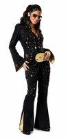 A woman modeling a black jumpsuit costume with gold trim, multicolor rhinestone embellishments, and gold sunglasses against a plain white background.