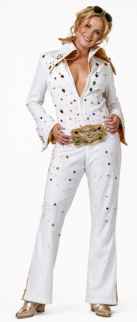 A woman modeling a white Elvis Presley-style costume jumpsuit with gold trim, multicolored sequins, a gold belt, and gold shoes against a plain white background.
