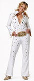 A woman modeling a white Elvis Presley-style costume jumpsuit with gold trim, multicolored sequins, a gold belt, and gold shoes against a plain white background.