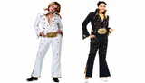 Two women modeling Elvis Presley-style jumpsuits on a plain white background, one in a white glittery jumpsuit with gold trim and one in a black glittery jumpsuit with gold trim.