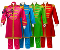 Four military-style ceremonial jackets and matching trousers displayed on mannequins against a white background, shown in pink, blue, green, and red with gold trim and fringe details.