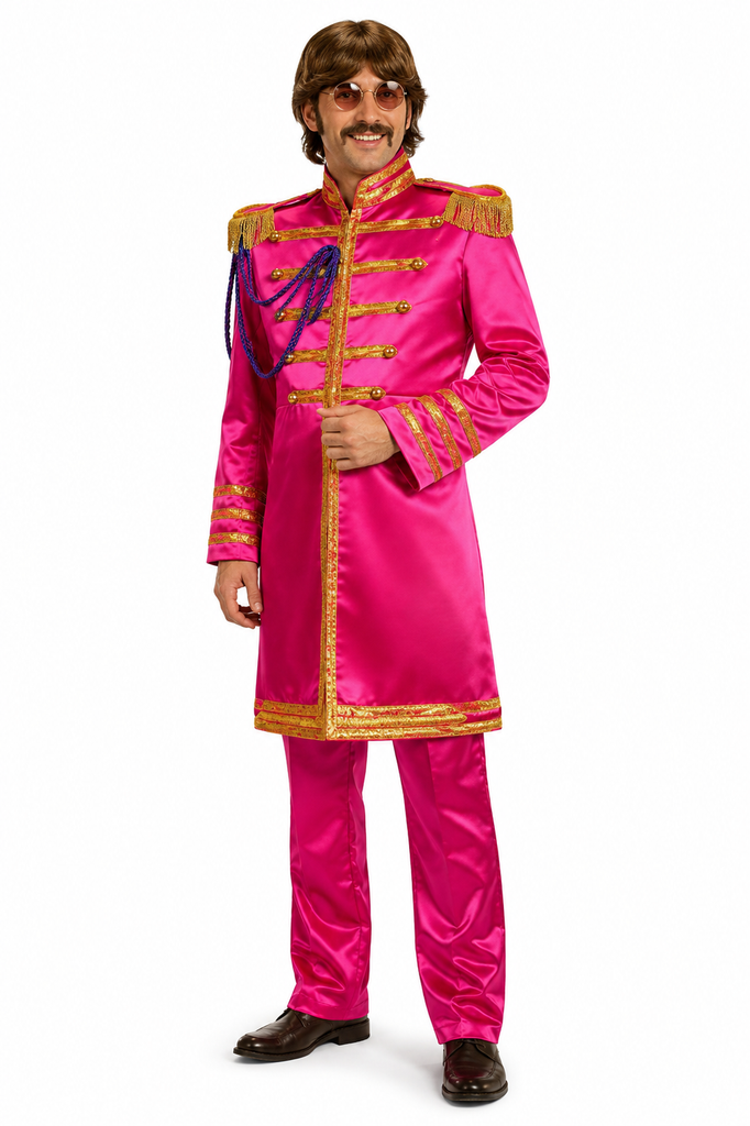 A man modeling a bright pink Johnnie-O style costume jacket and matching trousers with gold trim, purple sash, and brown shoes against a white background.