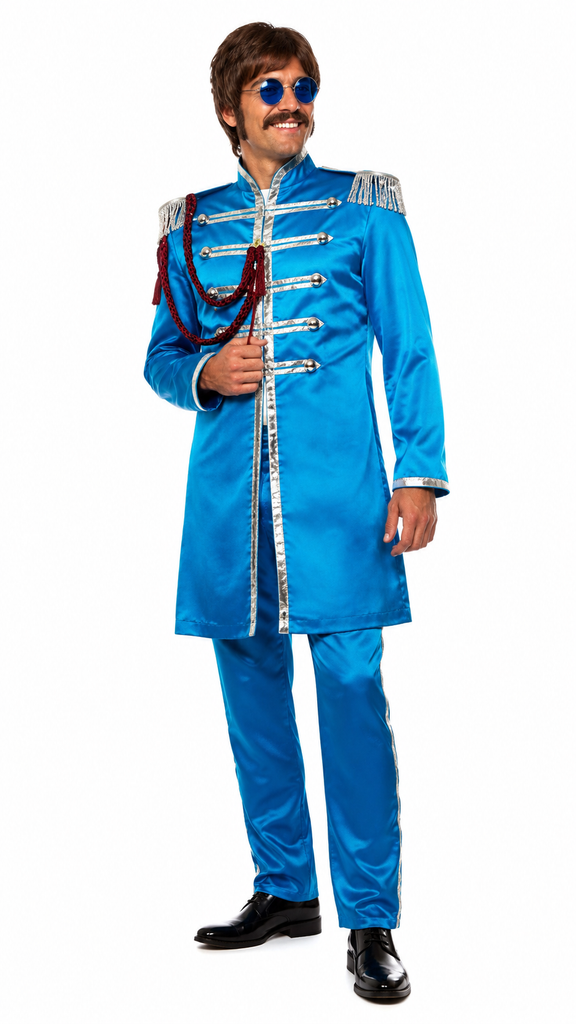 A man modeling a bright blue Johnnie-O style costume jacket and matching trousers with gold trim, purple sash, and brown shoes against a white background.