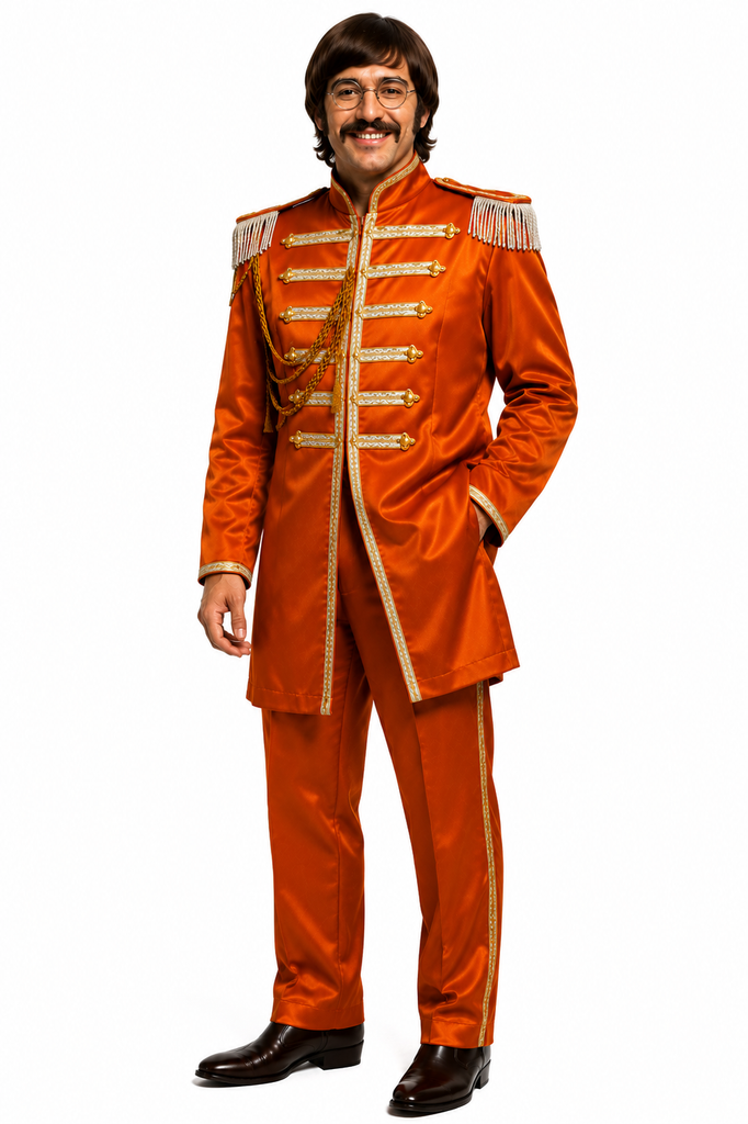 A man modeling a bright orange military-style costume jacket and matching trousers with gold trim, set against a plain white background.