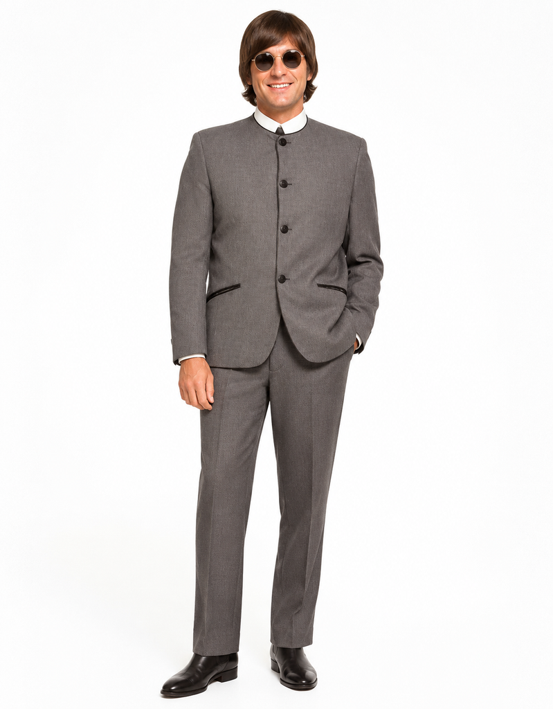 A man wearing a gray two-piece suit with a mandarin collar blazer, white dress shirt, and black dress shoes, standing against a plain white background.