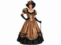A woman modeling a Deluxe Belle Watling Saloon Madame Costume, featuring a fitted bodice, attached petticoat, lace flounce at hem, and black lace trim.