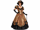 A woman modeling a Deluxe Belle Watling Saloon Madame Costume, featuring a fitted bodice, attached petticoat, lace flounce at hem, and black lace trim.