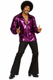 A man modeling a shiny metallic purple long-sleeve shirt 