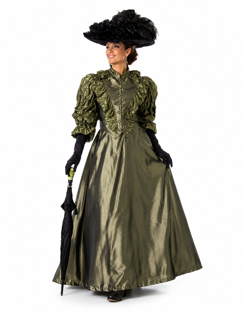 A woman modeling a vintage-style olive green dress costume with a matching large black feathered hat, black gloves, and holding a black umbrella against a white studio background.