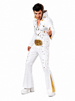 A man modeling a white Elvis Presley-style costume jumpsuit with gold trim, gold studs, and a gold belt, posed against a plain white background.